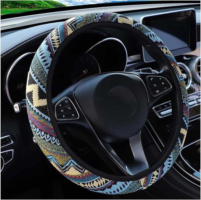 Ethnic Style Coarse Flax Cloth Automotive Steering Wheel Cover Anti Slip and Sweat Absorption Auto Car Wrap Cover (L, 14.5''-15'')