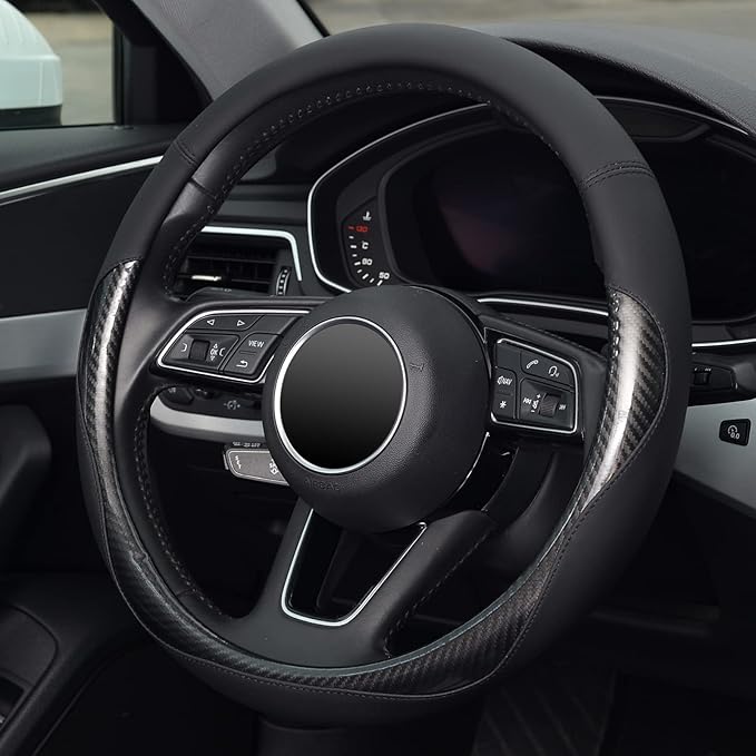 KAFEEK Carbon Fiber Steering Wheel Cover, Universal 15 inch Black,Anti-Slip, Odorless
