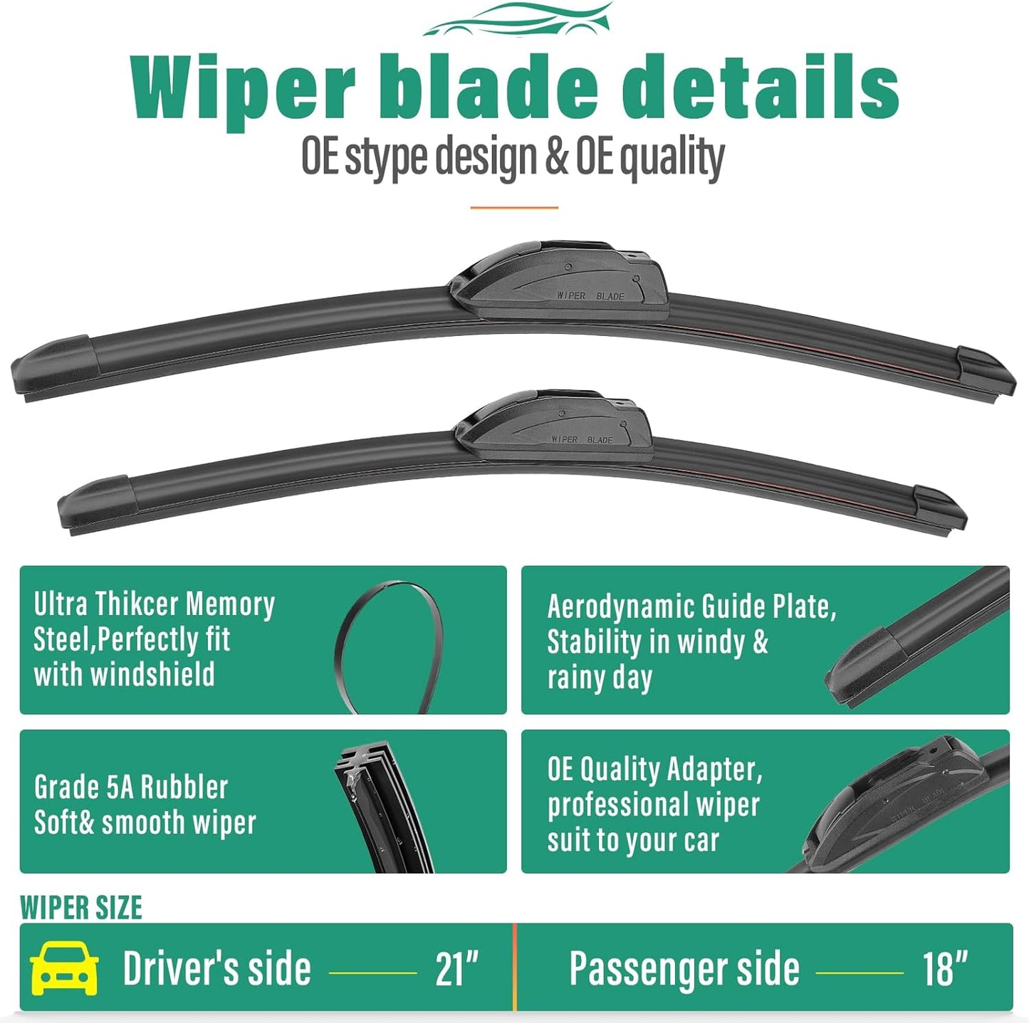 21" 18" 11" Windshield Wiper Blades Replacement for Pontiac Vibe 2003 2004 2005 2006 2007 2008 Premium All Weather Front Rear Wipers Set - OEM Quality (Pack of 3)
