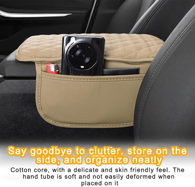 Mandark Car Center Console Cover, Microfiber Leather Vehicle Armrest Protector Cushion with 2 Storage Bags, Auto Interior Arm Rest Seat Box Pad Accessories, Universal for SUV, Sedan, Truck (Beige)