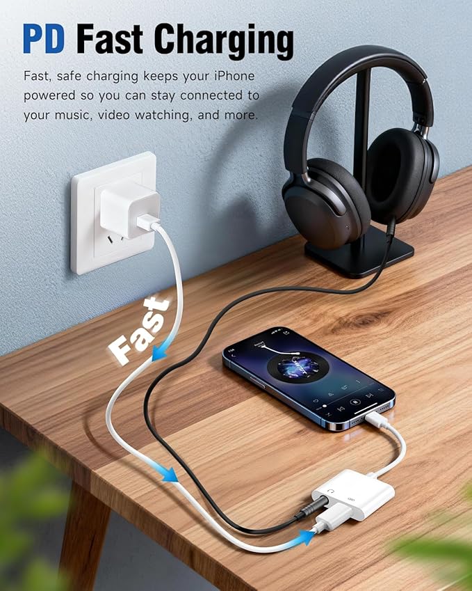 Apple MFi Certified 2-in-1 Lightning to 3.5mm Headphone Jack Adapter,Fast Charger&Aux Audio Splitter Dongle for iPhone-Car AUX,Home,Gym,Travel,Compatible with iPhone 14/13/12/11/XR/X/8/7,2Pack,White