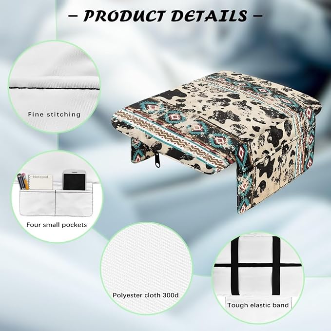 Wanyint Aztec Cow Print Retro Car Center Console Armrest Cover Comfortable Armrest Seat Box Pad with Organizer Pockets Console Lid Protector Cushion Universal Fit for Most Vehicles SUVs