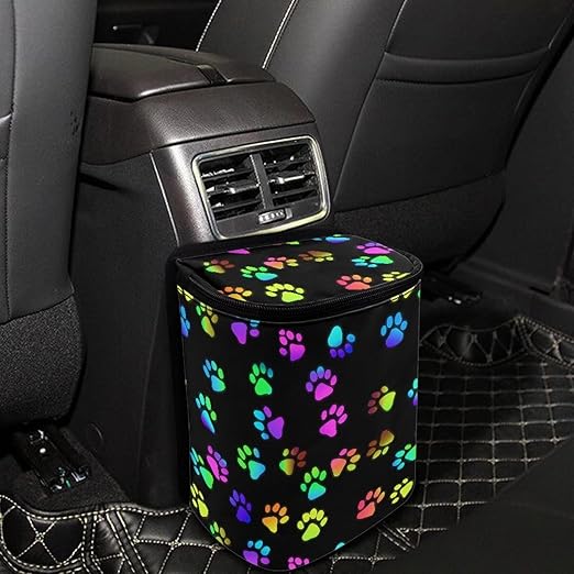 Colorful Dog Paw Car Trash Can with Lid, Cute Leakproof Car Trash Garbage Bag Hanging Vehicle Trash Bin Small Portable Automotive Garbage Cans Organizer for Back/Front Seat/Console
