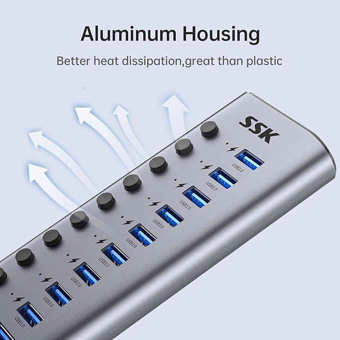 SSK 10 Port Powered USB 3.0 Hub, 60W Aluminium USB Charging Hub with DC 12V5A Power Adapter, Supports Simultaneous Fast Charge and 5Gbps Data Transmission,USB Extender Hub with 3.96ft/1.2m Long Cable