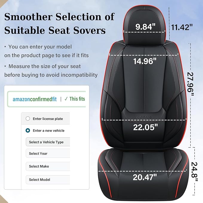 Coverado Seat Covers, Car Seat Covers Front Seats, Car Seat Cover, Car Seat Protector Waterproof, Car Seat Cushion Nappa Leather, BlackRed Seat Covers Carseat Cover Universal Fit for Most Cars