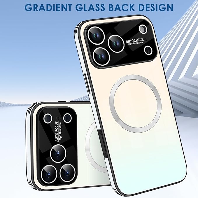 Guppy Compatible with iPhone 17 Pro Magnetic Case, with Full Camera Lens Protector [Compatible with MagSafe] Scratch Resistant Gradient Glass Back Cover Phone Case-White