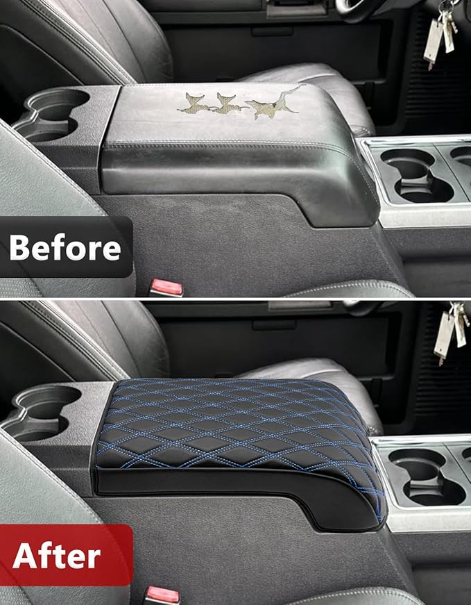 KBH Center Console Armrest Cover for Ford F250 F350 F450 F550 2011-2016, Auto Arm Rest Box Cushion Pad, PU Leather Trim, Anti-Scratch, Black-Blue Stitch (Fits Bucket Seat Only)