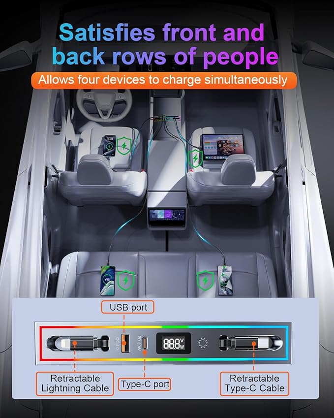 USB Hub for Tesla Model Y Juniper 2026 & Model 3 Highland 2024-2025 with RGB Ambient Light, 4-Port Docking Station, Tesla Phone Charger Charging Center Console Organizer Accessories Gifts