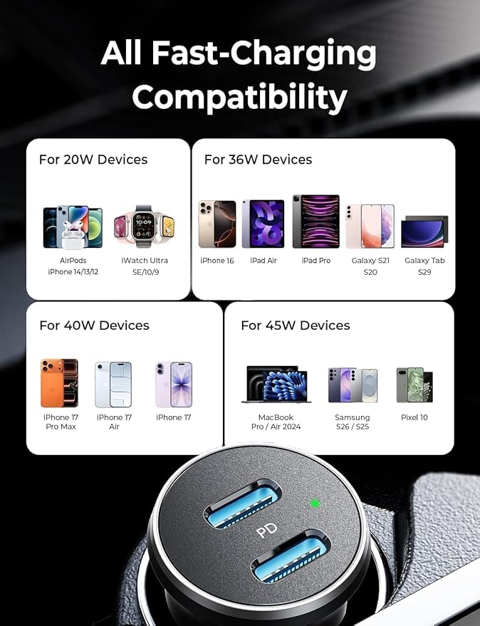 LISEN 90W USB C Car Charger USB C Fast Charge, 45W PD&QC 3.0 Fast Car Charger for Samsung S26 S25, Cigarette Lighter USB Charger Adapter for iPhone 17 16 15 Pro Max [Metal&Mini] RV Car Electronics
