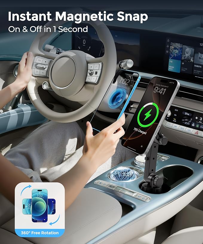 Dual Cup Phone Holder for Car,Holds 2 Phones Simultaneously,Qi2.2 Max 25W Fast Wireless Car Charger Phone Mount,Cup Mount,Compatible with MagSafe ＆ 4.0-7.0 Inch Smartphones