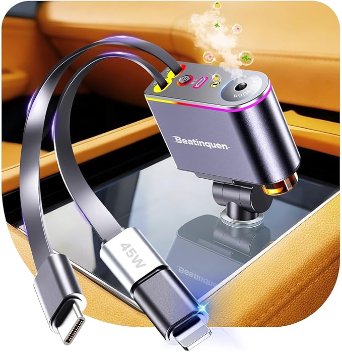 【2026 Upgrade】 5 in 1 Retractable Car Charger USB C - Fast Charging Retractable Car Phone Charger with Car Air Freshener Diffuser - 66W Cigarette Lighter Adapter USB-C/Type-C for iPhone17/16/15/14