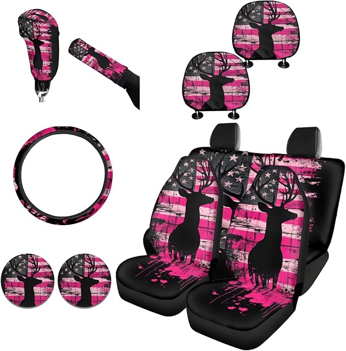 FKELYI Deer American Flag Car Seat & Gear Shift Set, Sugar Skull Steering Wheel Cover, Cup Coasters, Headrest Covers, 10pcs