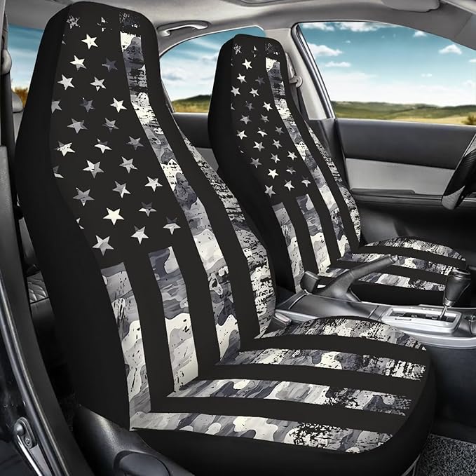 ELEQIN Squirrel Front Car Seat Covers 2pcs, Black Camo US Flag Automotive Seat Covers Car Accessories Universal Size Fit for Most Cars,SUVs&Trucks&Vans