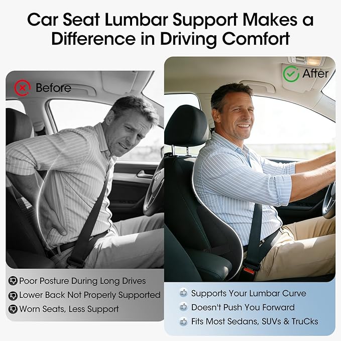 Lumbar Support Pillow for Car Seat – High-Density Memory Foam, Provides Comfort for Long Drivers, Relieves Lower Back Discomfort, Adjustable Strap Stays Put, Fits Most Cars, SUVs & Trucks (Black)