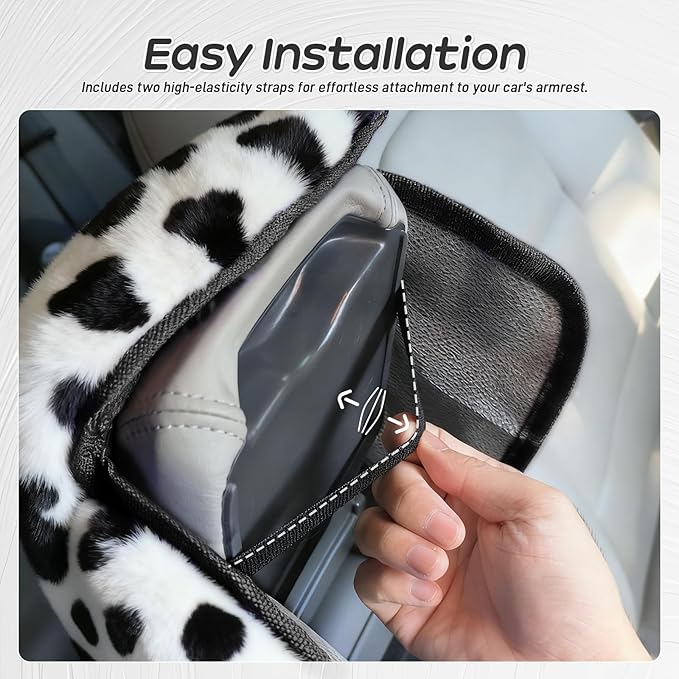Fluffy Car Armrest Cover with Side Pockets – Plush Fuzzy Fur Center Console Armrest Cushion Pad, Universal Winter Car Interior Protector, Soft Arm Rest Cover with Storage for Women & Men (COWS)