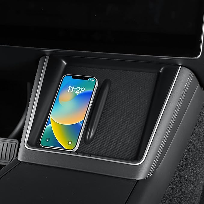 LUCKEASY Wireless Charging Pad for Tesla Model Y Juniper 2025 2026 Center Console Wireless Charger Pad Non-Slip Silicone Mat for Model Y Accessories Black (Carbon Fiber Texture)