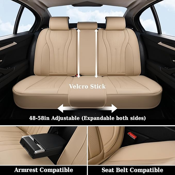 Coverado Car Seat Covers Full Set, Breathable Nappa Leather Seat Covers for Cars, Universal Seat Covers, Front and Back Waterproof Car Seat Protector, Automotive Seat Cushion Fit Most Cars(Beige)