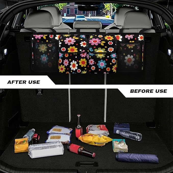 Daisy Car Trunk Organizer Hanging Car Organizer Back Seat, Car Hanging Accessories with 2 Pockets & 2 Mesh Pouches for Groceries, Will Provide More Space for SUV, Trucks, Van, Sedan