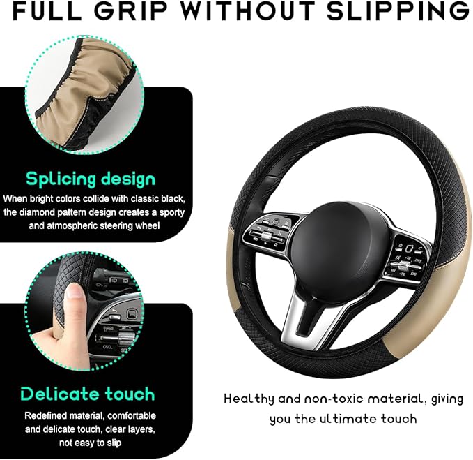 Car Steering Wheel Cover, 15 inch Carbon Fiber Microfiber Leather Elastic Steering Wheel Protector, Breathable Anti-Slip Comfortable Steering Wheel Covers for Most Cars (Beige, AD)
