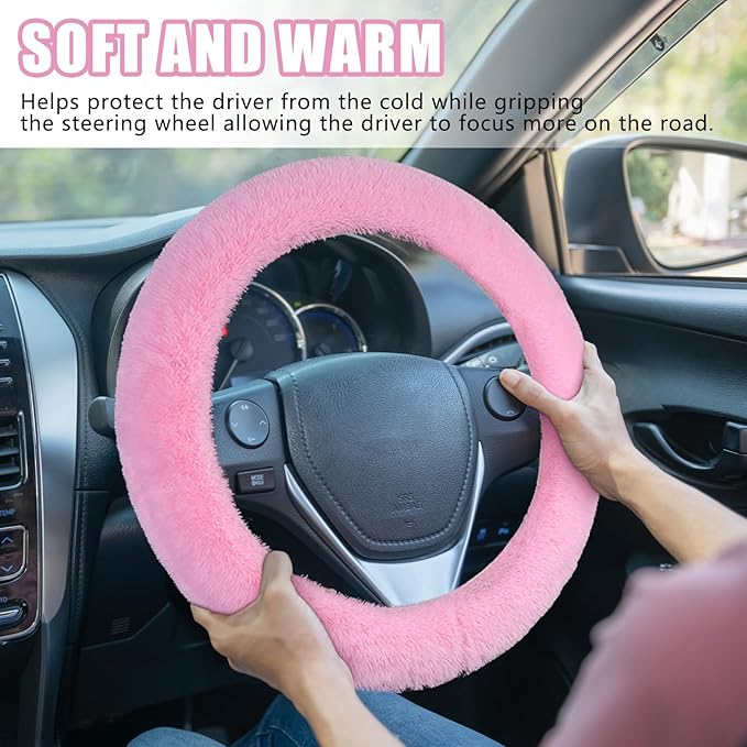 Wuyaoyao Fuzzy Car Steering Wheel Cover, 15'' Soft Auto Steering Wheel Protector for Warm Winter, Elastic Anti-Slip Fluffy Wheel Covers, Universal Car Accessories for Women and Men (Pink)