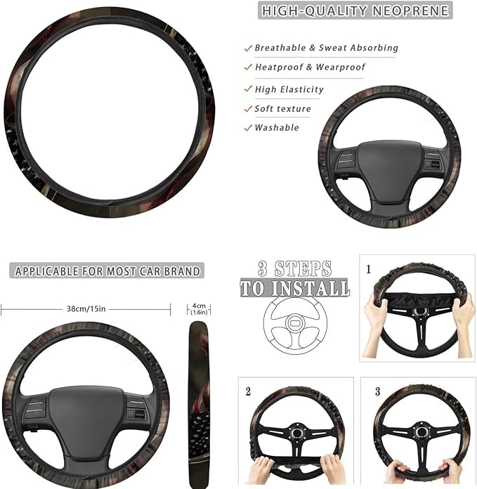 FKELYI Horse Auto Anti-Slip Steering Wheel Protector and Front and Back Seat Covers, Soft Polyester Headrest Cover, American Gear Shifter Knob and Handbrake Cover, Cup Coasters