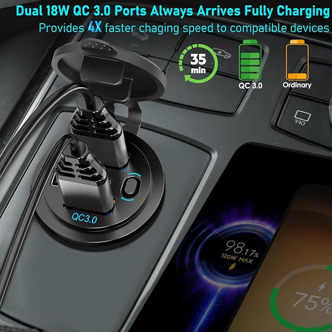 12V USB C Outlet 90W 4 Ports Car Charger Socket, Dual PD 36W and Dual QC 18W Car USB Port 12V Charger with Button Switch and C to C Cable, Suitable for Boat Marine Bus Truck Golf RV Motorcycle