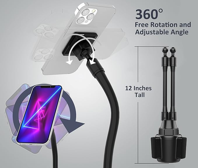Dual Phone Holder for Car Cup Holder – Long Flexible Neck, 360° Rotatable Car Phone Mount - Adjustable Cell Cup Holder, Universal Size Fits 2 iPhone, Samsung, GPS and More (Magnetic)