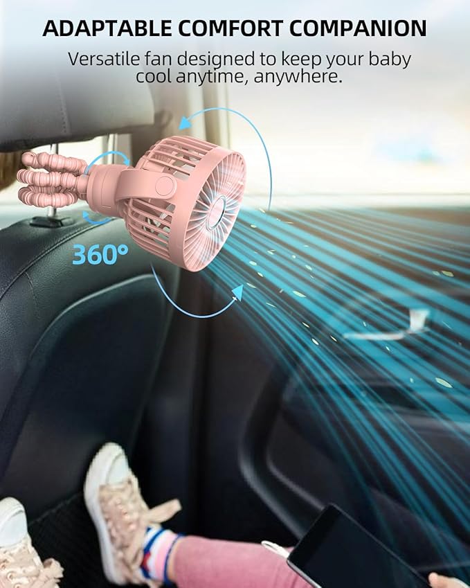 Portable Stroller Mini Fan, Small Rechargeable Personal Fan, Travel Essentials for Baby, Wagon, Car Seat, Treadmill, Battery Powered Biking Gear Accessories, 360° Rotation, 3-Speed, Display, Pink