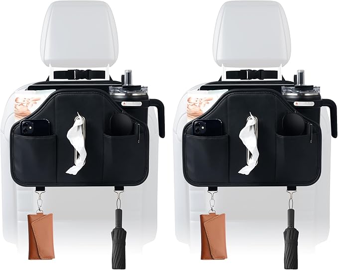 Upgraded Car Seat Back Organizer With Extra Large Tissue Holder Fits For Kleenex Tissue Box (50-230ct), PU Leather Headrest Seat Back Storage Accessories (Black-2 Packs)