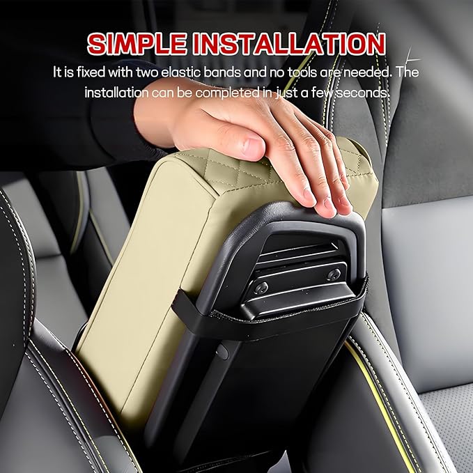 Car Center Console Armrest Pillow, 13.19"×7.87" Leather Car Arm Rest Cover, Memory Foam Auto Armrest Cushion with Cup Holder Phone Slot, Universal Vehicle Middle Console Cushion Pad (Beige)