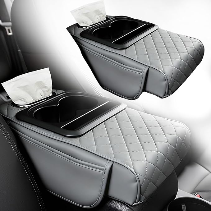 Multifunctional Pu Leather Car Armrest Box Mat, 5-In-1Multifunctional Car Armrest Cushion, Car Arm Rest Cover Pad, Center Console Organizer with Cup Holder, Tissue Box & Phone Slot (Gray)