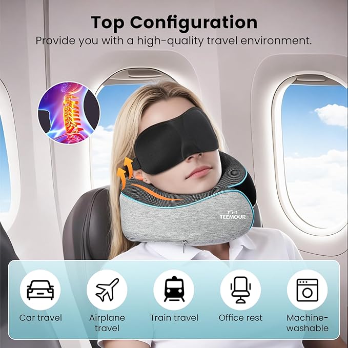 Travel Pillow-Neck Pillows for Airplanes, Memory Foam Travel Neck Pillow for Long Flights|Airport Travel Essentials 360° Support Gifts for Travellers With Eye Mask & Earplugs, Portable Carry Bag