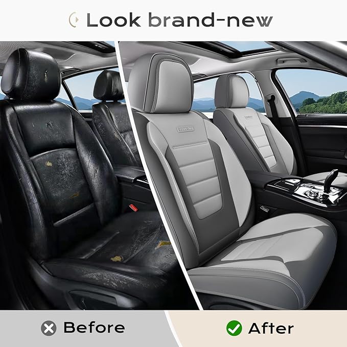 Coverado Car Seat Covers Front, Seat Covers for Cars, Waterproof 2-Pack Car Seat Cushion, Leather Carseat Seat Protectors, Universal Seat Covers Fit for Most Sedans SUV Pick-up Trucks(Gray&Light Gray)