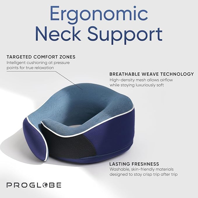 Proglobe Orthopedic Neck Pillow Travel Neck Pillows for Airplanes, Memory Foam Kit, Updated Resting Material, Airplane Travel Set with 3D Contoured Eye Masks, Earplugs, and Luxury Mesh Bag (Blue)