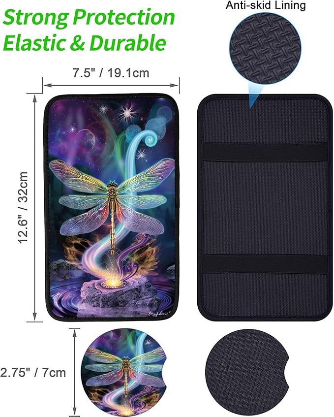Car Armrest Cover Pads Universal Fashion Cute Auto Center Console Armrest Cover Pad with 2PCS Car Coasters Soft Waterproof Car Armrest Seat Protector for Women, Colorful Dragonfly