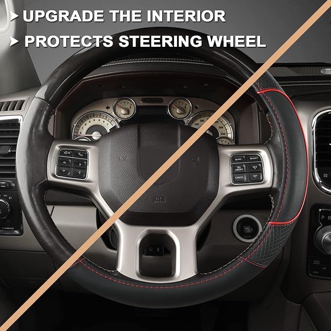 GIANT PANDA Car Steering Wheel Cover for Dodge Ram 1500 2500 3500 15.5-16 inches- Black+Red Trim