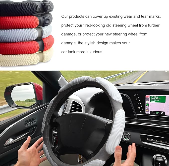 Car Steering Wheel Cover, 15" Breathable Ice Silk Auto Wheel Protector with Comfortable Grip, Anti-Slip Slip-on Steering Wheel Wrap Soft Hand Pad Cushion for Women Men (Gray)