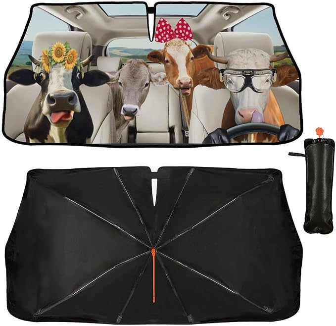 CHILLTEK Funny Animal Car Windshield Sun Shade, Cute Cow Car Sun Shade, Block UV Rays Heat Foldable Windshield Umbrella Sun Visor Protector - Keep Vehicle Cool for Cars SUV