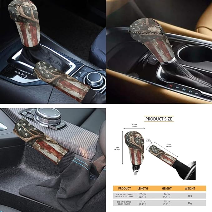 FKELYI American Flag Car Seat Cover Set, Skull Deer Gear Shift Knob, Handbrake, Steering Wheel, Cup Holder Coasters, Headrest