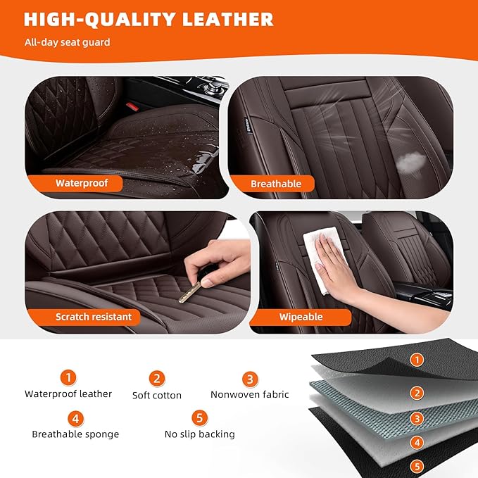 KEYOOG Premium Nappa Leather Car Seat Covers Full Set, Universal Fit for Most Sedans, SUVs - Waterproof & Breathable, Compatible with Honda Civic, Toyota Corolla, Jeep Cherokee/ 5-Seater, Luxury Brown