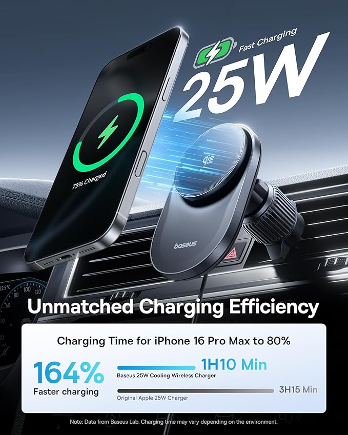 Baseus Qi2.2 Certified 25W for MagSafe Car Mount Charger, Ultra-Thin Fast Charging Wireless Charger Car Phone Holder, 360° Rotatable Magnetic Phone Mount for Car Air Vent, for iPhone 17/16/15/14