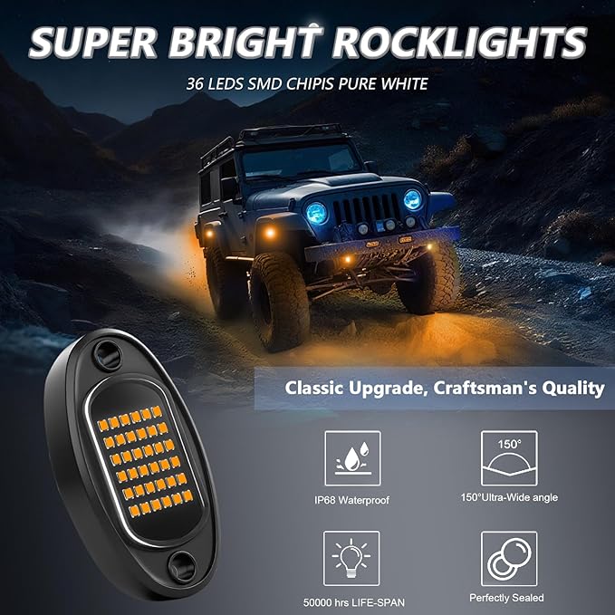 GSRECY Rock Lights Ultra Bright LED Neon Underglow Lights Waterproof for Trucks Pickup SUV UTV ATV RZR Car Boats Motorcycle (Yellow, 16 Pods+ 33ft Wire Harness)