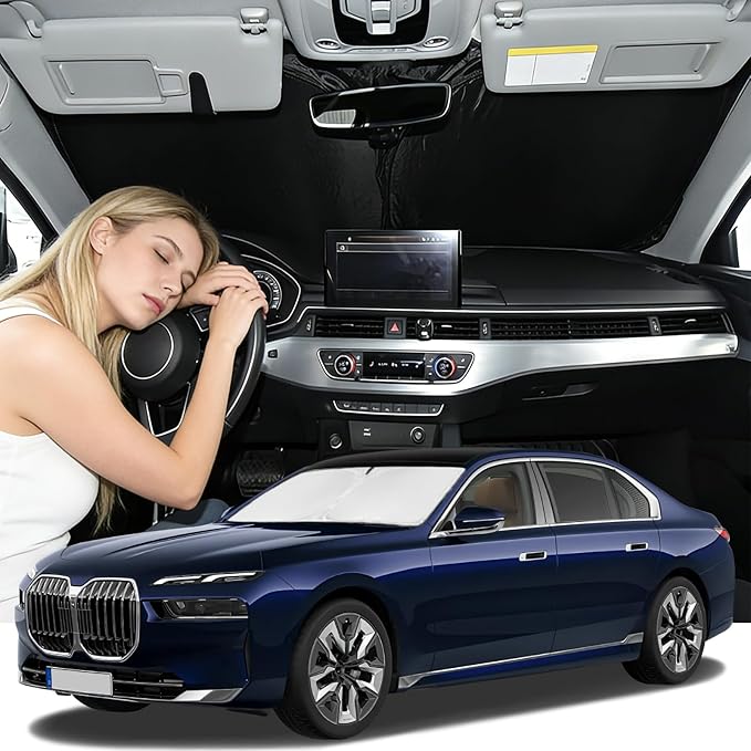 Windshield Sunshade for BMW 7-Series 2023-2026 Sun Shade Car Windshield Accessories Upgrade 4 Layers Blocks UV Rays Custom Fit 7-Series 240T Car Window Shades Front Windshield Keep Cool Foldable