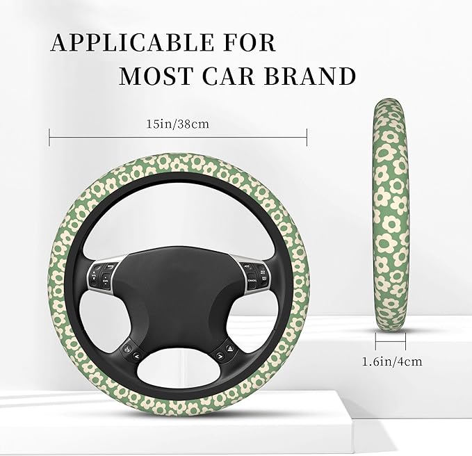 Vintage Groovy Flowers Steering Wheel Cover Cute Universal 15 Inch Car Accessories Protector for Women Fit Auto SUV Sedan Vans Trucks