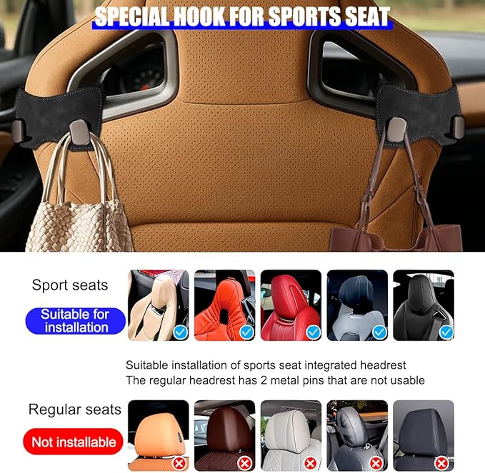 Car Headrest Hook, 2PCS Suede Vehicle Back Seat Storage Hanger with Double Metal Hook, Automotive Seatback Organizer for Purse Handbag Coat, Compatible with Most Sport Seat (Black)