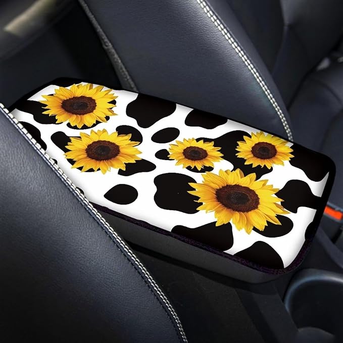 Dreaweet Sunflower Cow Print Car Armrest Cover Center Console Arm Rest Box Pad Mat Cute Car Accessories for Women Girls,Universal Fit SUV