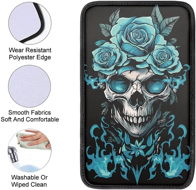 Dreaweet Teal Rose and Skull Center Console Cover Halloween Car Accessories for Women Interior Soft Comfort Vehicle Center Console Armrest Cover Pad Universal Fit Most Cars SUV Sedan