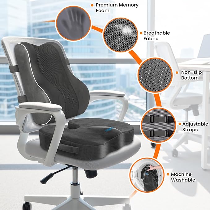 CloudBliss Ergonomic Lumbar Support Pillow Seat Cuhsion - Memory Foam for Lower Back Pain Relief, Adjustable Straps & Mesh Cover for Office, Gaming, Car Seat (Grey)