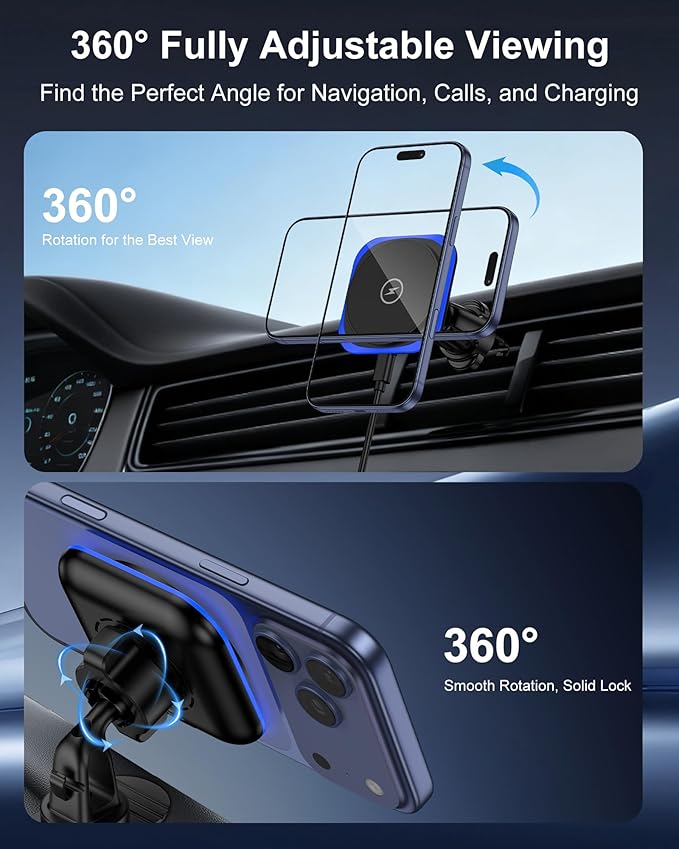 15W MagSafe Car Mount Charger,Magnetic Wireless Car Charger,Air Vent Dashboard Phone Holder Mount for iPhone 17e 16 15 14 13 12 Pro/Pro Max/17 Air,Samsung S26/S25 Ultra,Fast Charging,Car Accessories