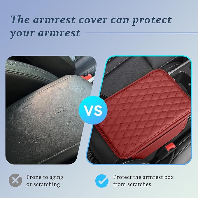 Car Center Console Cover, Universal Center Console Protector Pad with Soft Microfiber Leather & 2 Storage Pockets, Non-Slip Cushion for Car SUV Truck Interior Accessories (Red)